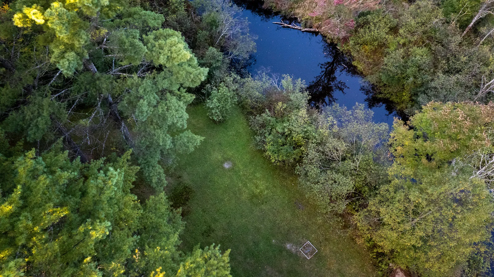 Aerial view of the campground pond and wetland area