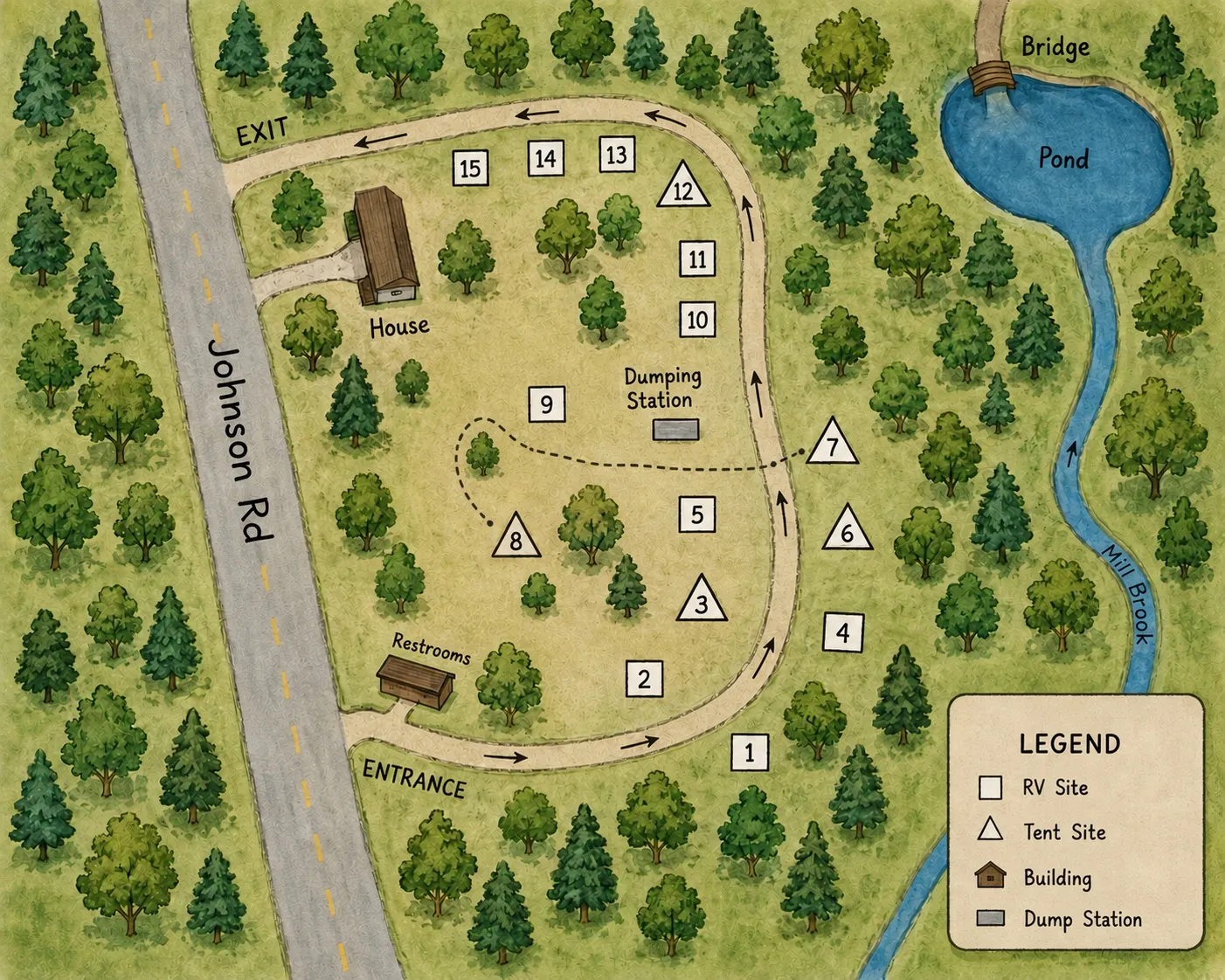 Park Mountain Campground site map showing all 15 campsites