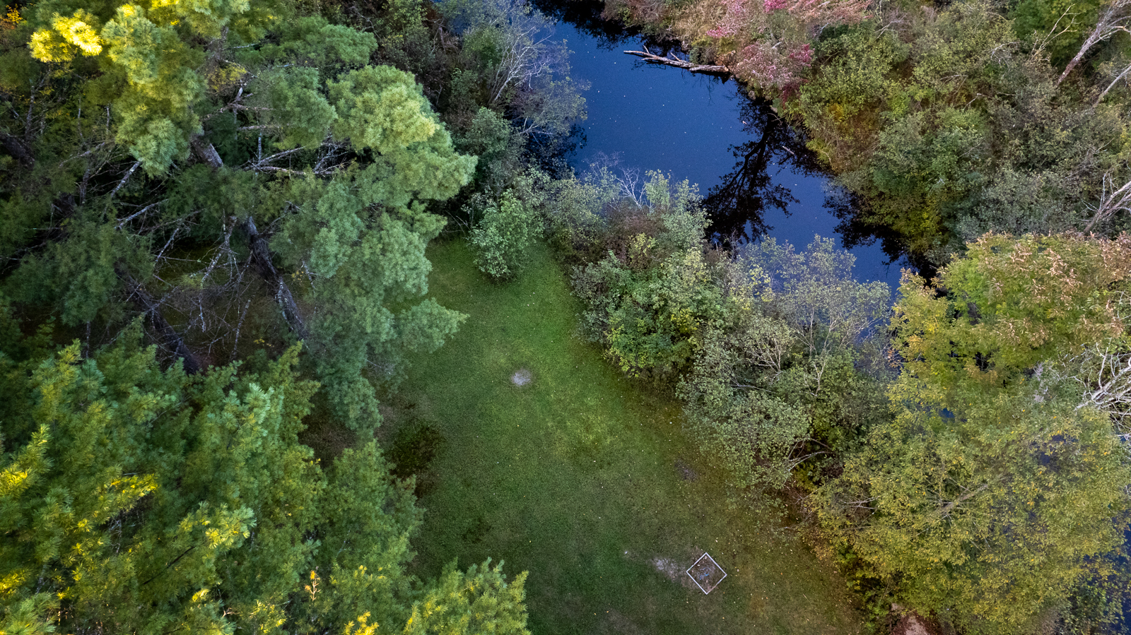 Aerial view of the campground pond and wetland area